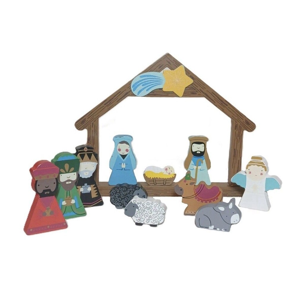 Cupcakes & Cartwheels Wood Blocks Nativity Set Hand Painted 12-Piece Set NEW